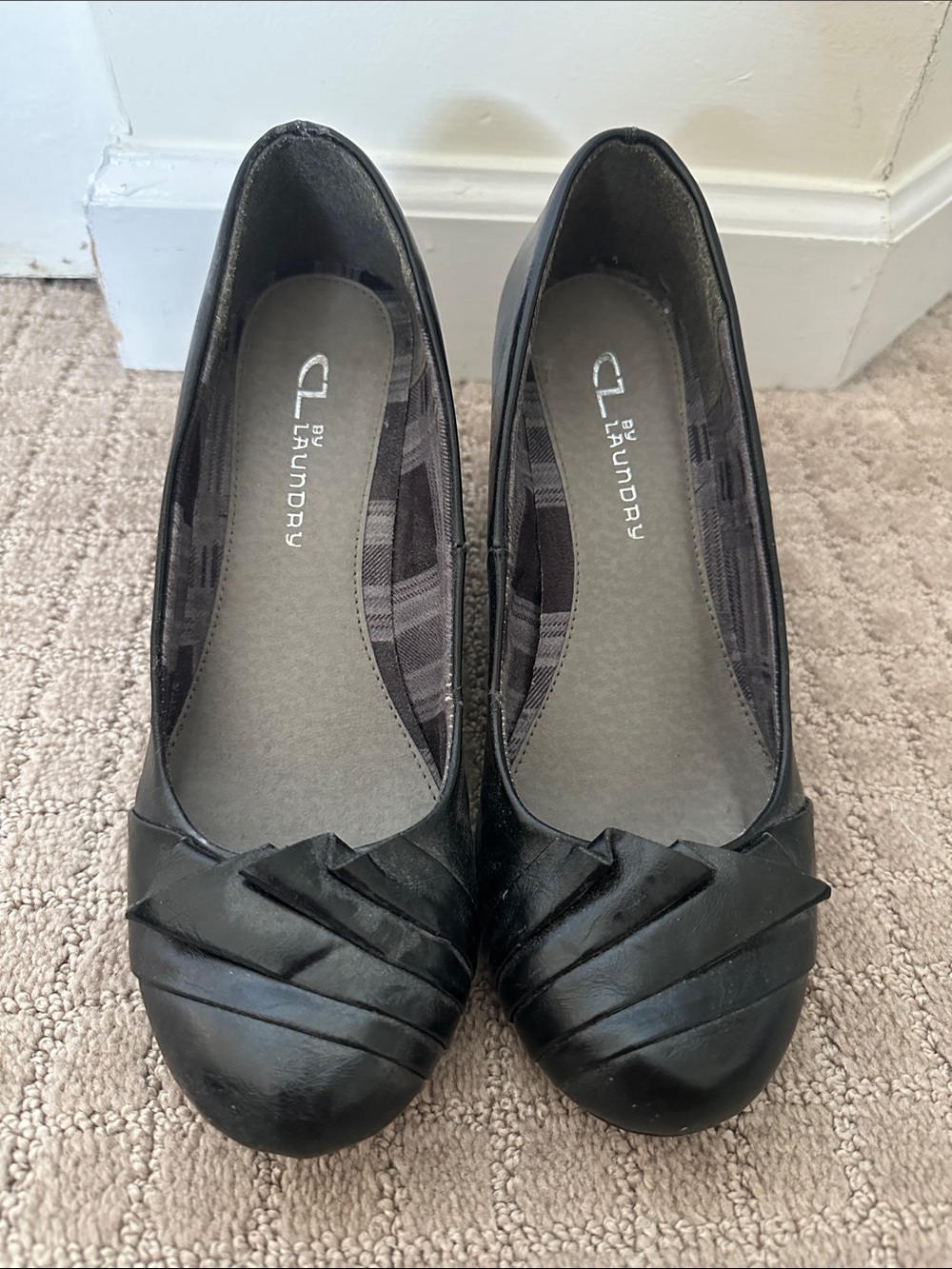 CL by Laundry Black Women's Leather Ballet Flats with Layered Toe